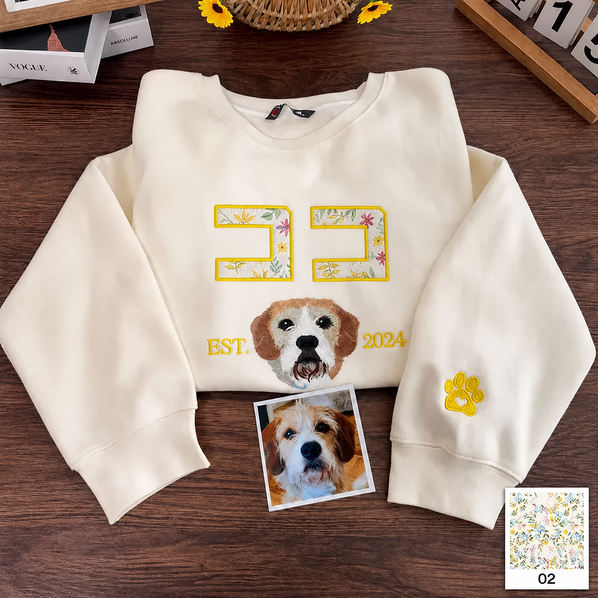 [Copy]愛犬の顔刺繍ギンガムチェック スウェット｜ヴィンテージ風 varsity デザイン｜ペット記念品・犬好きへのプレゼント