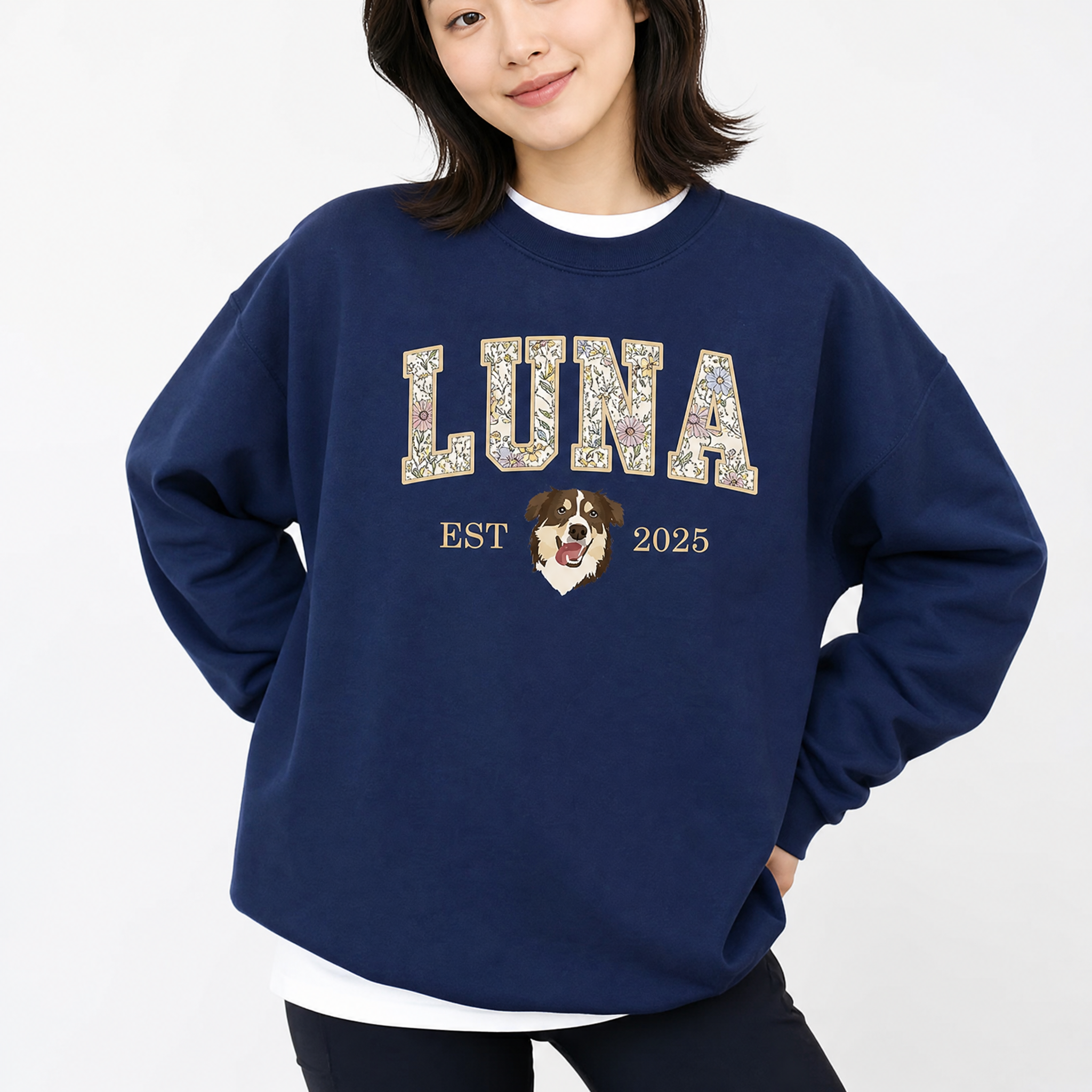 [Copy]愛犬の顔刺繍ギンガムチェック スウェット｜ヴィンテージ風 varsity デザイン｜ペット記念品・犬好きへのプレゼント