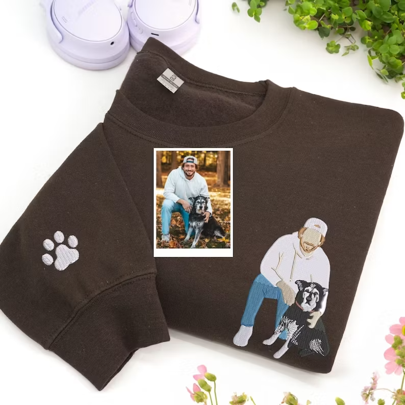 ペットの肖像画刺繍入りTシャツ／スウェットシャツ - あなたとあなたの犬または猫の写真でカスタマイズできます