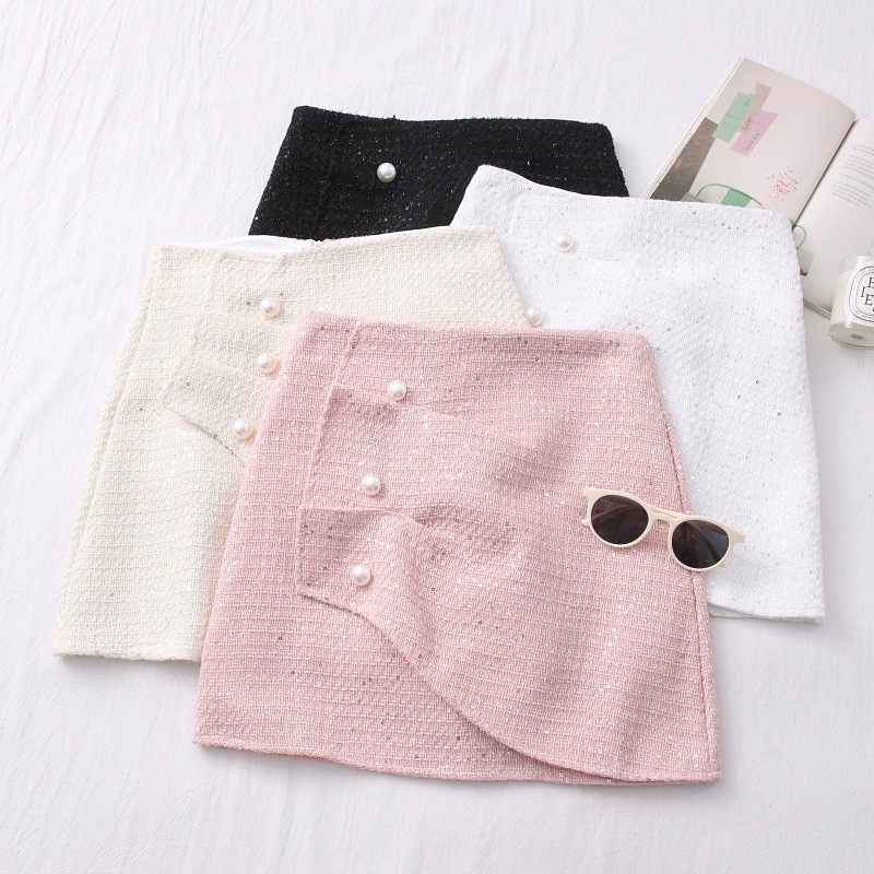 Chic Ruffled Tweed Mini Skirt 名媛气质粗花呢亮片褶皱短裙*Pink M
