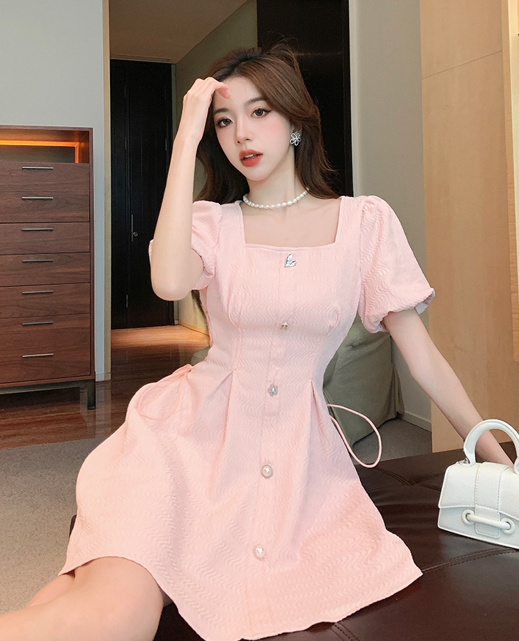 法式方领单排扣收腰连衣裙*Pink M