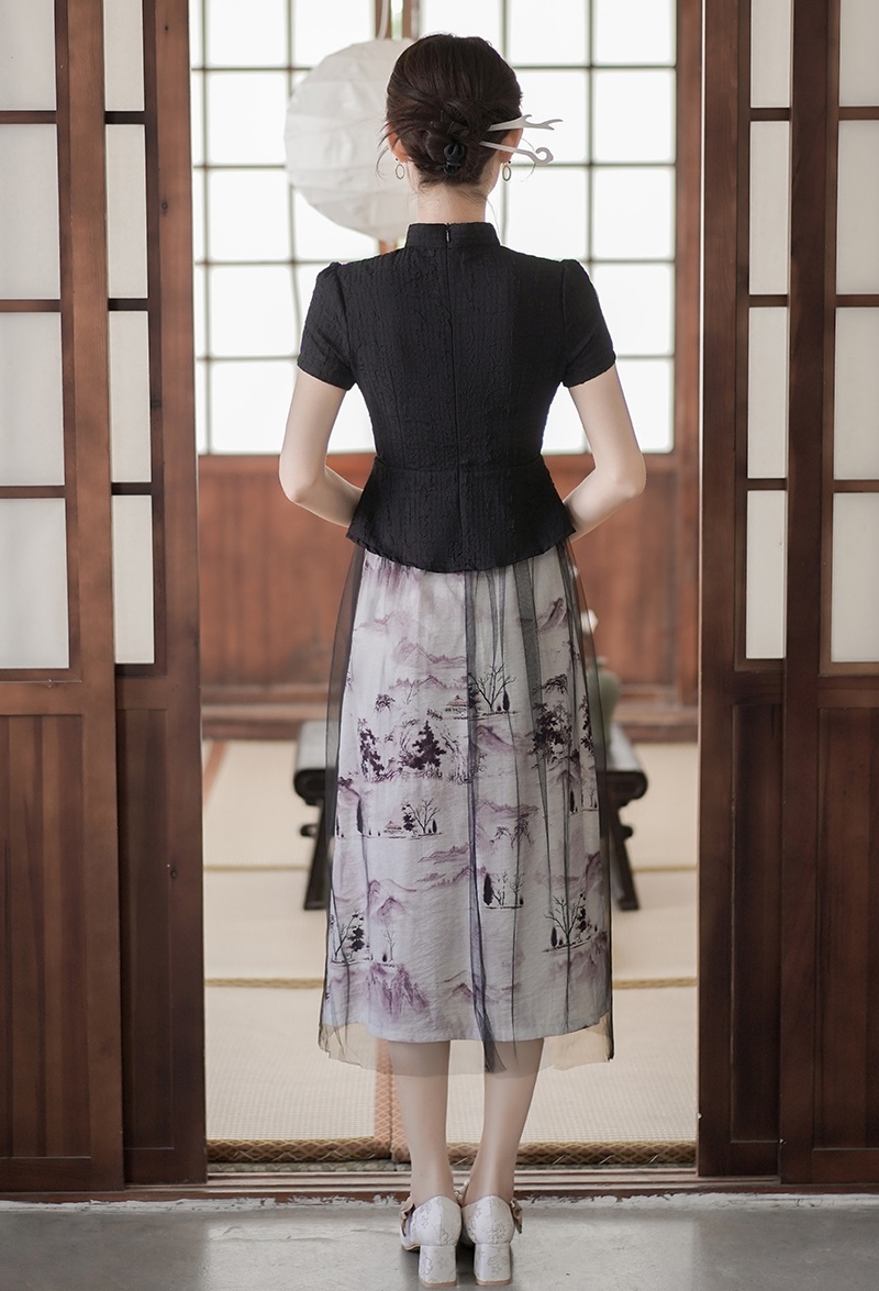  优雅复古印花假两件连身裙*Size L 