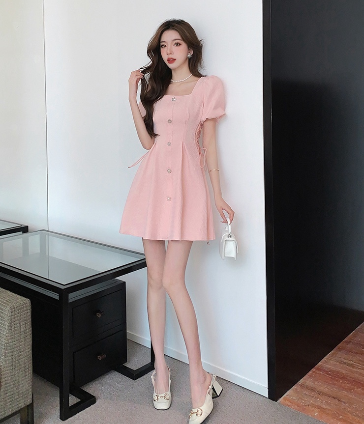 法式方领单排扣收腰连衣裙*Pink M