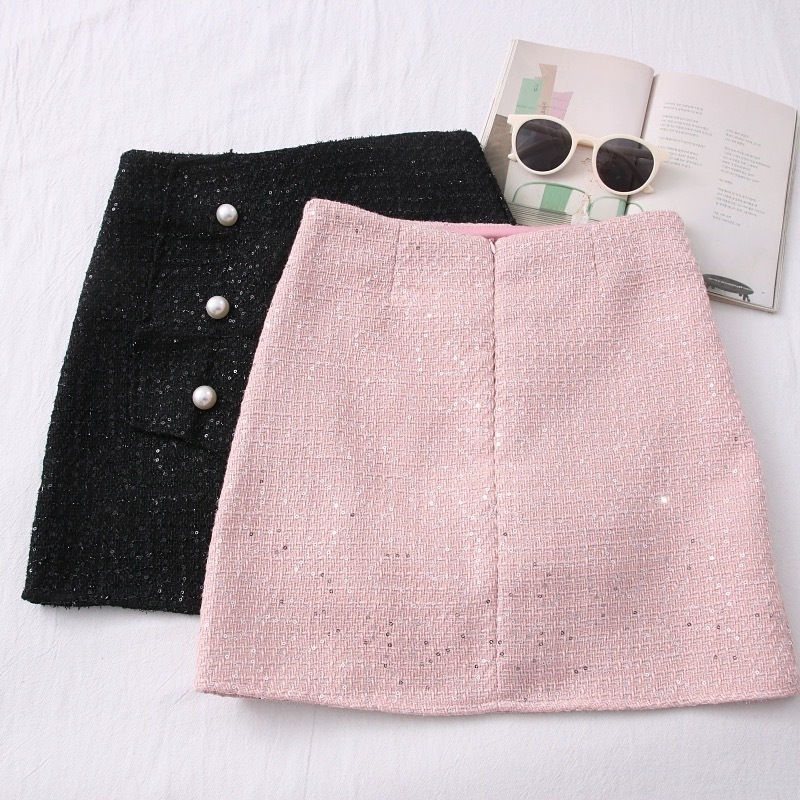 Chic Ruffled Tweed Mini Skirt 名媛气质粗花呢亮片褶皱短裙*Pink M
