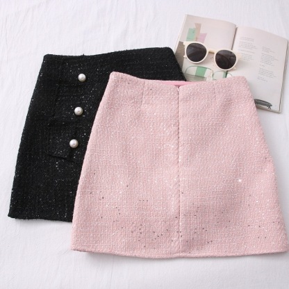 Chic Ruffled Tweed Mini Skirt 名媛气质粗花呢亮片褶皱短裙*Pink M