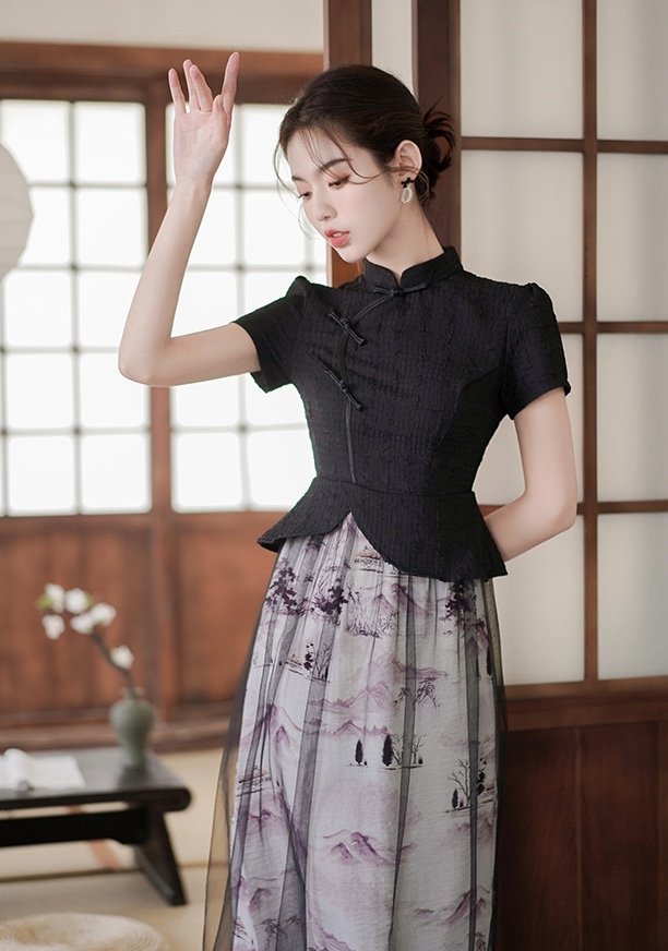  优雅复古印花假两件连身裙*Size L 