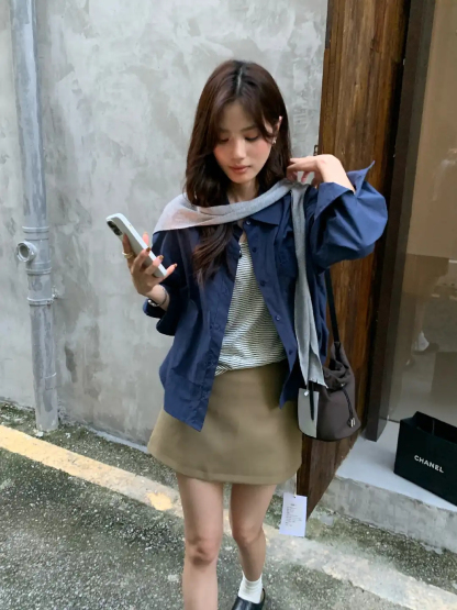  RINA Striped Layered 3-Piece Set 高街韩女！纯色衬衫+条纹背心+披肩三件套*4 Colors