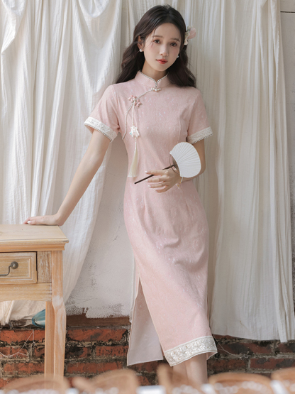 暮晚尘香刺绣边长款旗袍