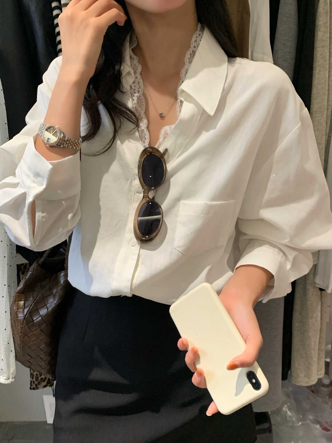 Lace Trim V-Neck Shirt V领蕾丝拼接衬衫*4 Colors