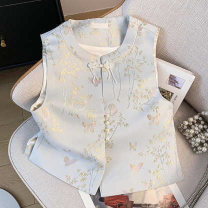 刺绣织金马面裙 Round Neck Buttoned Brocade Embroidered Hanfu Classical Cardigan Retro Vest Top