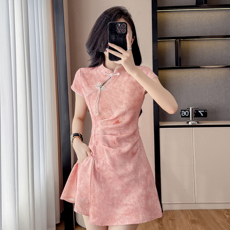 Real Shot New Chinese Style Improved Cheongsam Jacquard Slightly Elastic Dress Shorts Two-piece Set