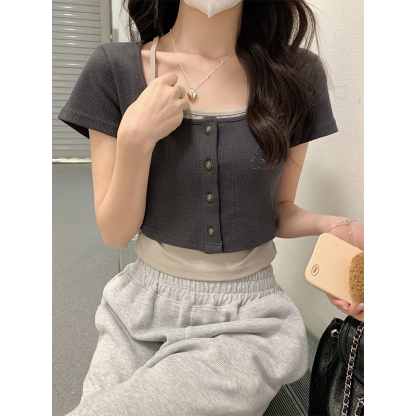 Halter Neck Cropped Top 挂脖假两件短款上衣*2 Colors