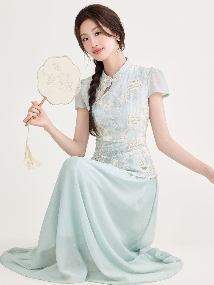 蓝色气质假两件印花连衣裙 Summer New Chinese Style Jacquard Embroidered Qipao Dress Fake Two-Piece Irregular Elegant Dress