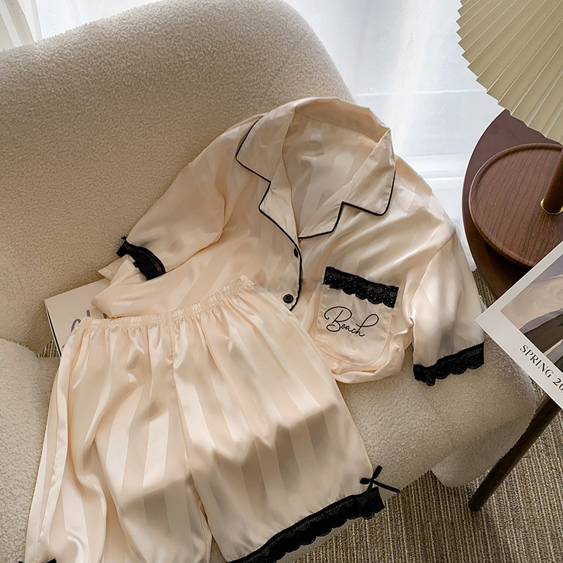 Striped Lace Ice Silk Pajama Set 条纹字母蕾丝边冰丝睡衣套装