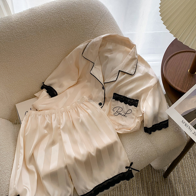 Striped Lace Ice Silk Pajama Set 条纹字母蕾丝边冰丝睡衣套装