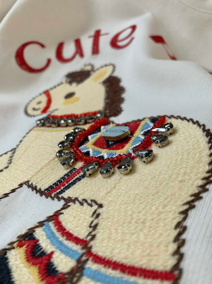 Loose T-shirt with Pony Embroidery and Rhinestones