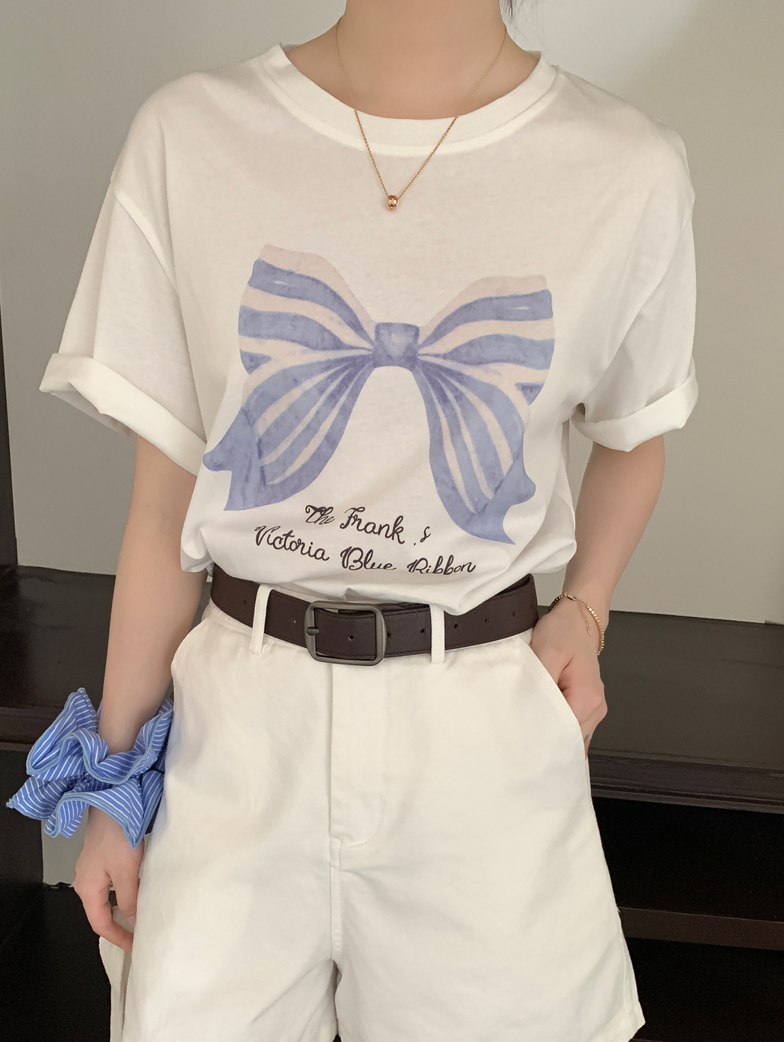 Real Shot Stylish Bowknot Print Casual Loose T-Shirt for Women Summer Retro Versatile Casual Top 2025 New Model