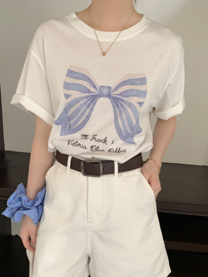 Real Shot Stylish Bowknot Print Casual Loose T-Shirt for Women Summer Retro Versatile Casual Top 2025 New Model