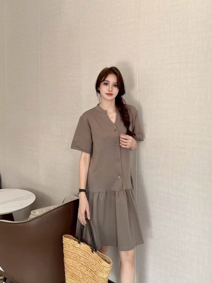Button Front Ruffle Hem Dress 温柔系V领排扣连衣裙* 4 Colors