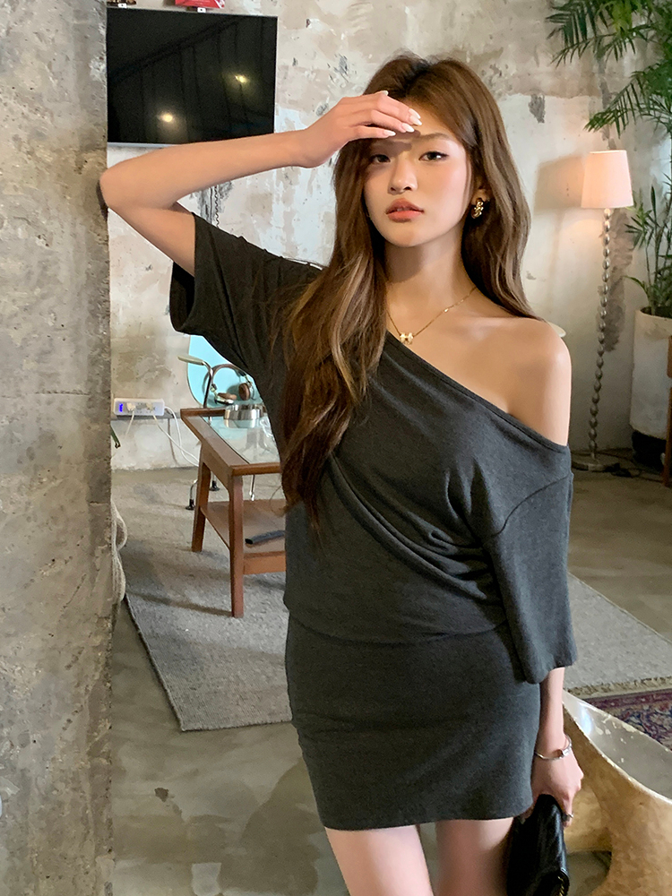 Real Shot 2025 Spring Summer New Dark Gray Knitted Bodycon Dress Sexy Hot Girl Off-Shoulder Asymmetric Dress Short Dress