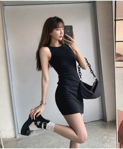 Real Shot 2025 Spring Summer New Slim Fit Sleeveless Vest Dress Black Bodycon Dress Women Slimming Strap Dress