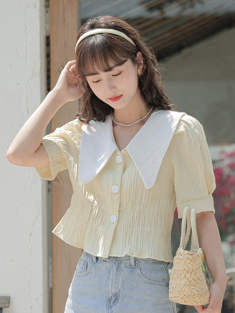 法式复古大翻领短款衬衫* 2 Colors