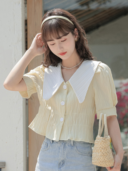 法式复古大翻领短款衬衫* 2 Colors