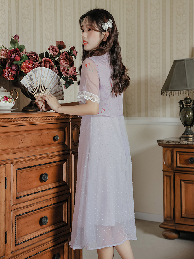 烟紫色古风印花假两件雪纺连衣裙  Lavender Floral Chiffon Layered Dress
