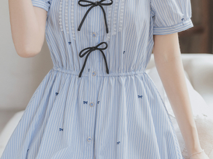 Fresh Dress College Style Age-Reducing Sailor Collar Bow Jacquard Fitted Waist Striped Long Dress 50