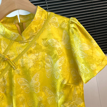 Real Shot New Chinese Style National Style Elegant Stand Collar Jacquard Classical Pattern Ethnic Style Improved Summer Top and Shorts Set