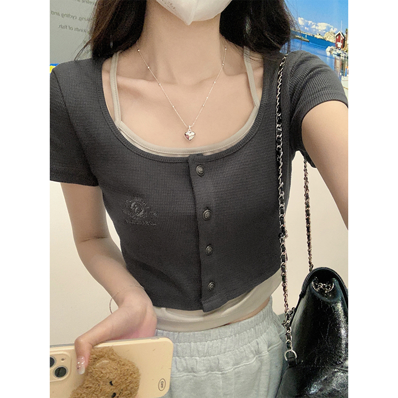 Halter Neck Cropped Top 挂脖假两件短款上衣*2 Colors