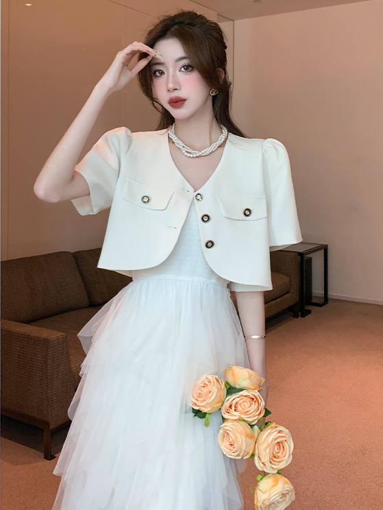Real Shot Spot Elegant French Socialite Classic Style Short Sleeve Suit Coat Sling Cake Gauze Skirt Two-Piece Suit