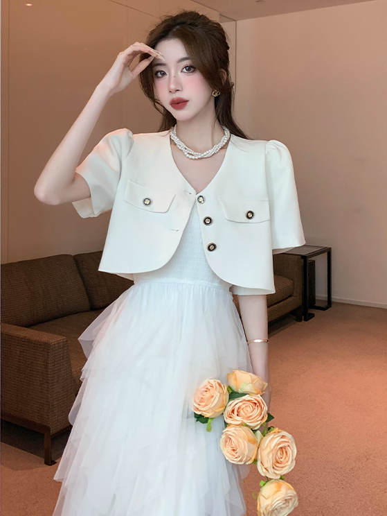 Real Shot Spot Elegant French Socialite Classic Style Short Sleeve Suit Coat Sling Cake Gauze Skirt Two-Piece Suit