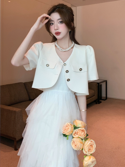 Real Shot Spot Elegant French Socialite Classic Style Short Sleeve Suit Coat Sling Cake Gauze Skirt Two-Piece Suit