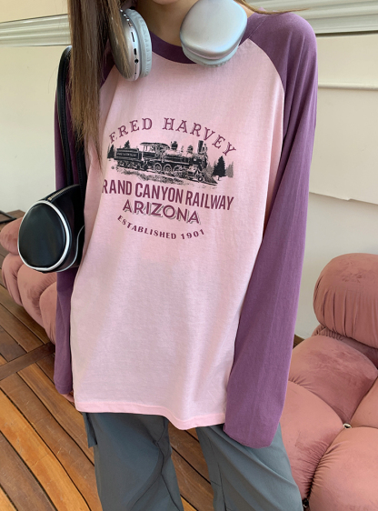 Contrast Color Long Sleeve T-shirt美式印花撞色长袖T恤 *2Colors