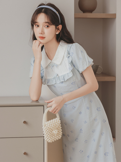 Vintage Bow Short Sleeve Dress Women's Summer Design Sense Niche Commuter College Style Dress Women 50