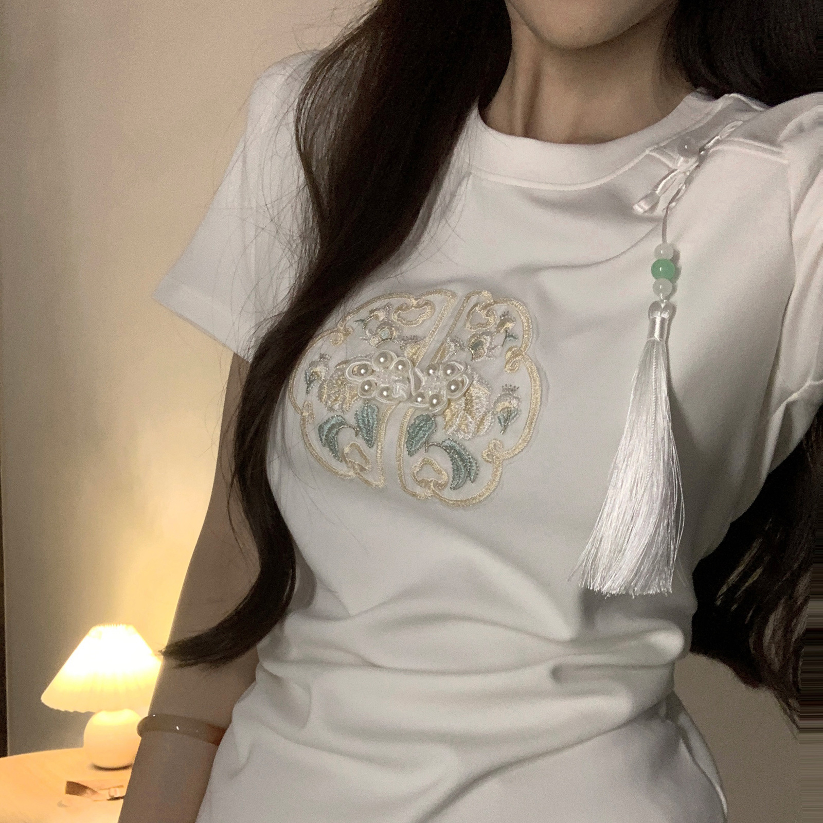 Real Shot New Chinese Style Rayon Air Layer 210g Short Sleeve T-Shirt for Women Summer Embroidery Slim Fit Regular Shoulder Short Round Neck Top
