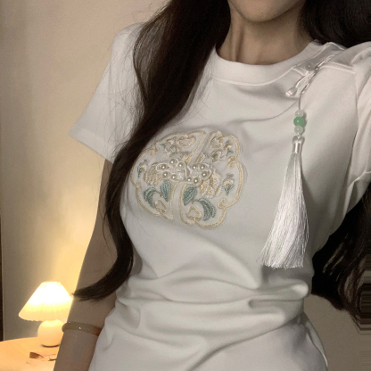 Real Shot New Chinese Style Rayon Air Layer 210g Short Sleeve T-Shirt for Women Summer Embroidery Slim Fit Regular Shoulder Short Round Neck Top
