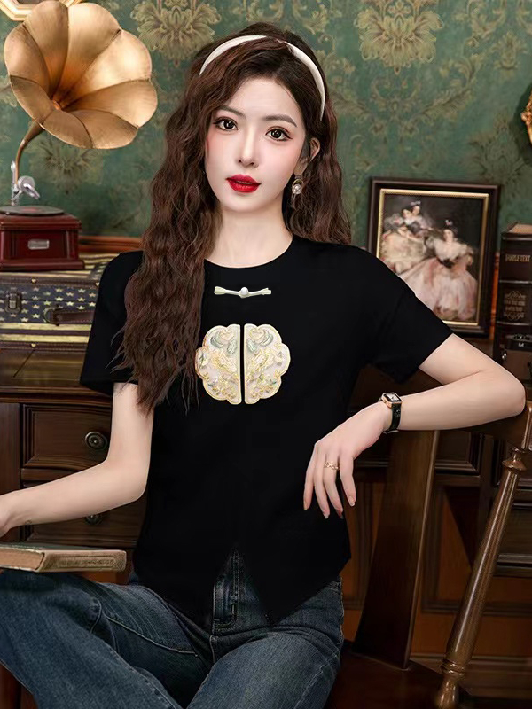 New Chinese Style Side-Slit Tee  新中式盘扣开叉t恤*2 Colors