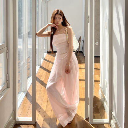RINA Strapless Top & Wide Leg Pants Set 慵懒纯欲粉色抹胸上衣+休闲阔腿裤两件套