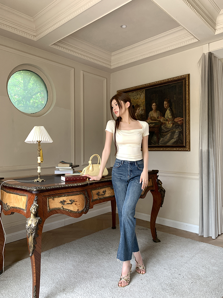 荡领设计短袖t恤 slim-fit pleated short-sleeve T-shirt for women