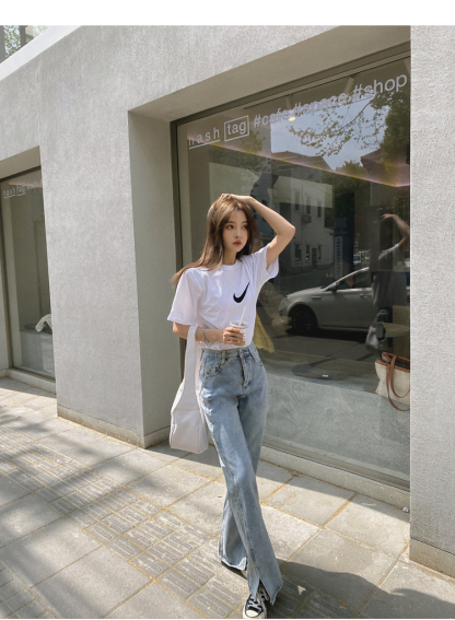 Actual Shot 2025 Summer New HyunA Floor-Length Pants with Slit High Waist Versatile Loose Straight Wide-Leg Denim Long Pants for Women
