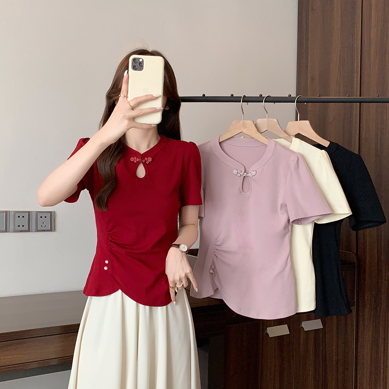 新中式镂空盘扣短袖T恤 New Chinese Style Hollow Out Button Short Sleeve T-Shirt