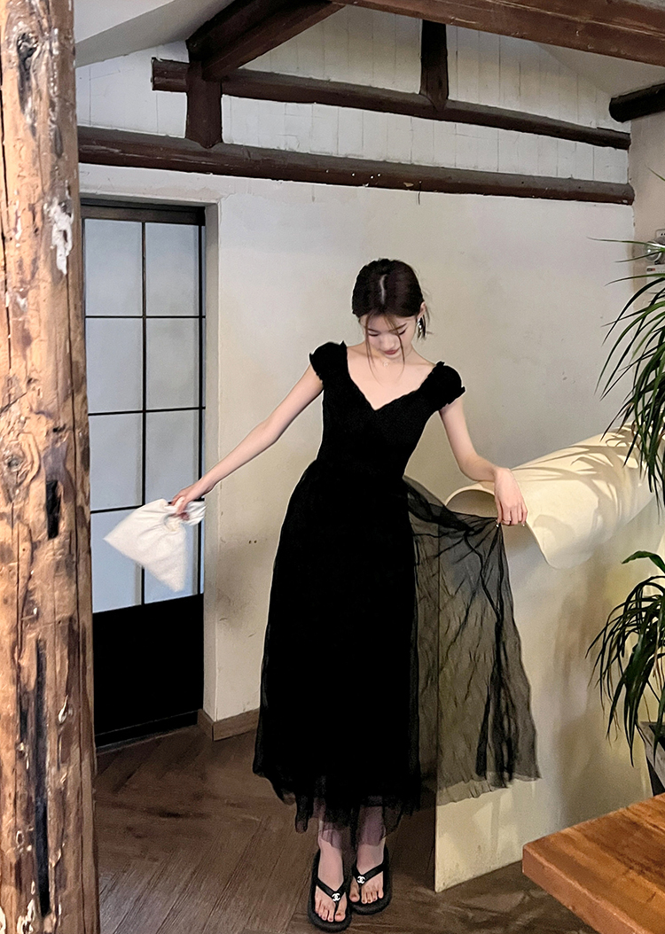 V-Neck Tulle and Mesh Dress法式气质V领拼接纱裙*2Colors