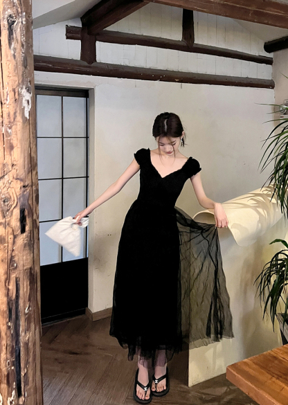 V-Neck Tulle and Mesh Dress法式气质V领拼接纱裙*2Colors