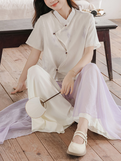 藤萝紫色中式上衣阔腿裤套装