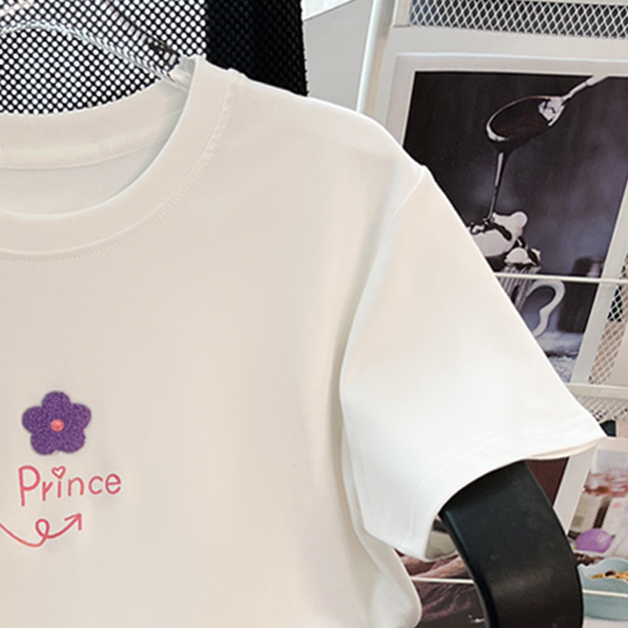 Real Shot Spot High Quality ~ Pure Cotton Shoulder Design Sense Towel Embroidery Flower Graffiti Letter Short Sleeve T-shirt Casual