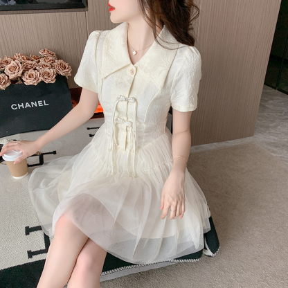 盘扣旗袍连衣裙 Jacquard Patchwork Pearl New Chinese Style Improved Cheongsam Fashion Mesh Puffy Dress