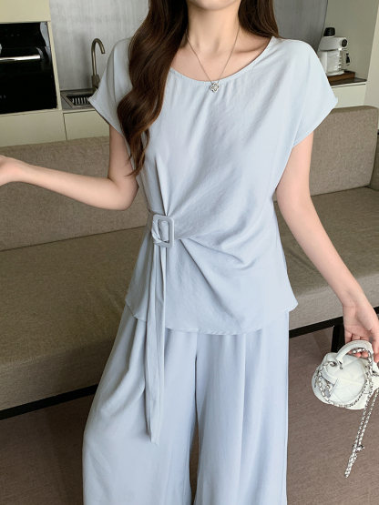 LUMEA Flutter Sleeve Tie Top & Wide Leg Pants Set 飞飞袖绑带上衣+阔腿裤两件套*2 Colors