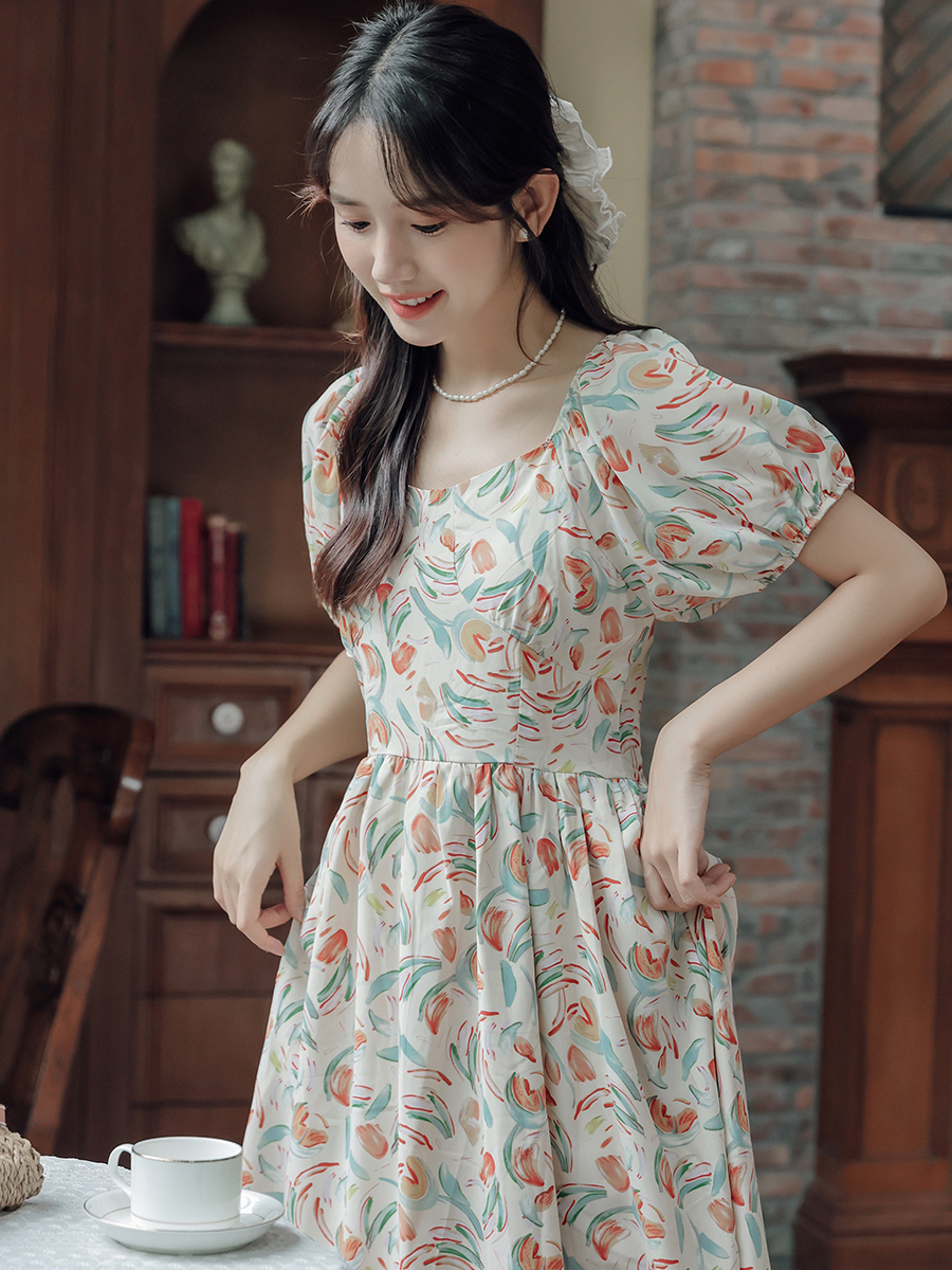 Tea Break French Square Collar Floral Puff Sleeve Dress Female Summer Small Back Cutout A- line Skirt 40